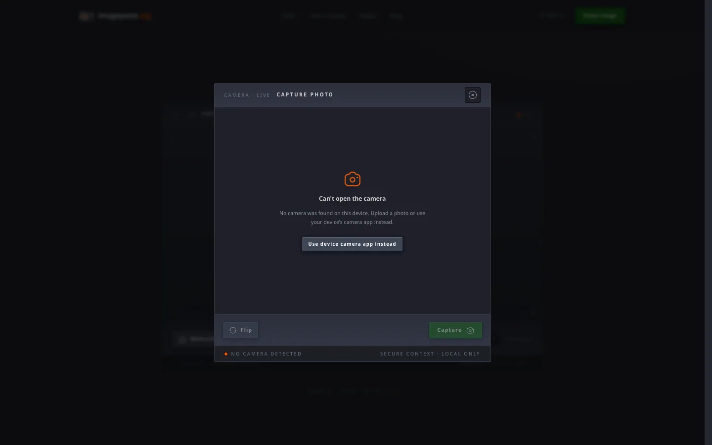 The webcam capture modal on desktop, showing a Camera Live header with Flip and Capture controls