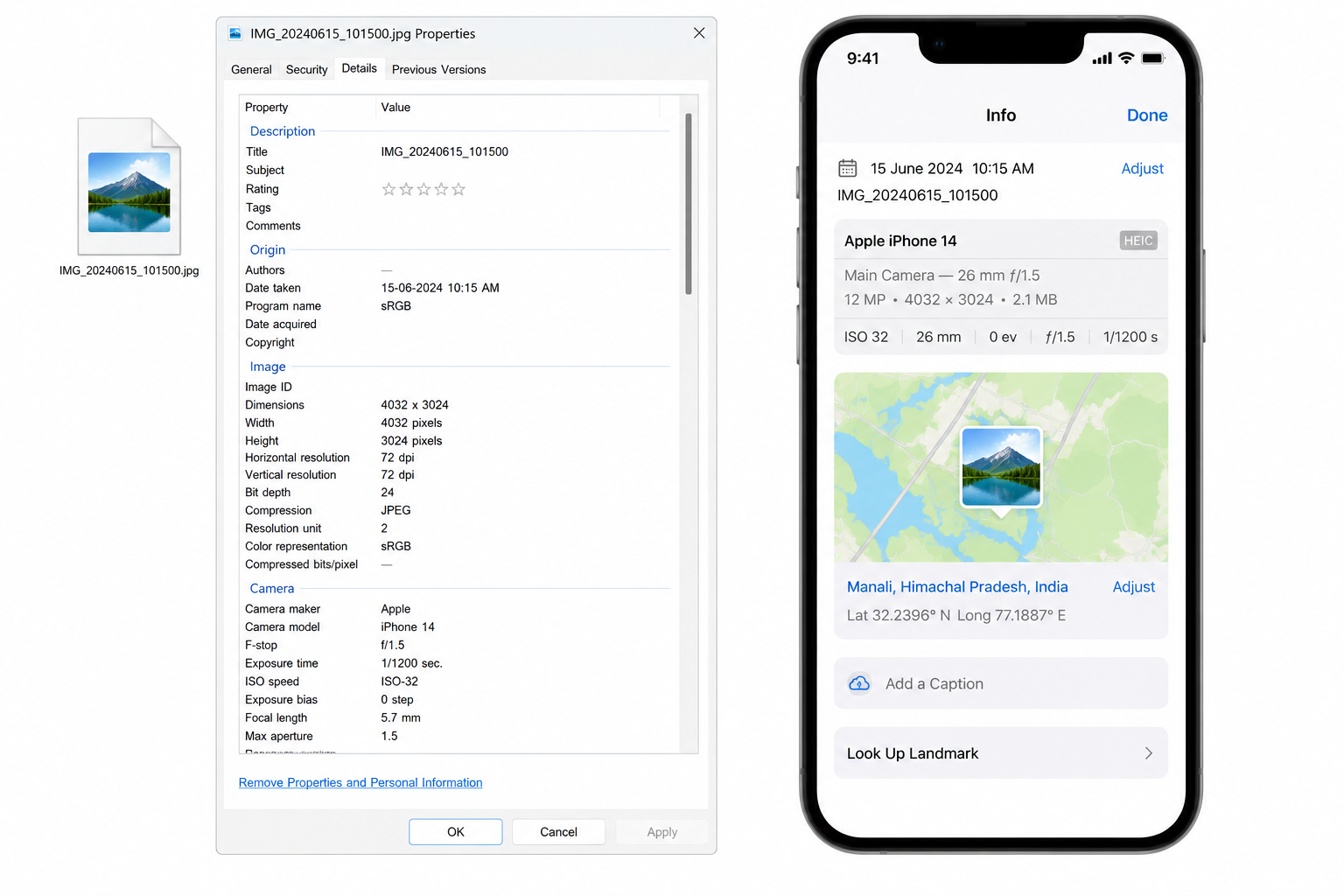 Checking a photo's EXIF data in file properties